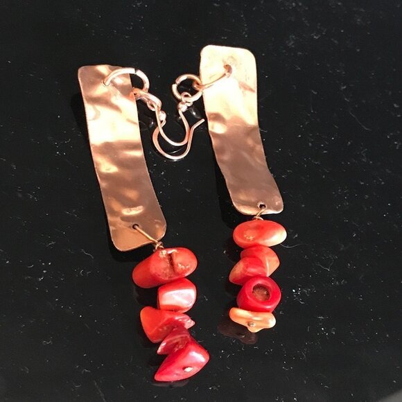 Rustic Pure Copper Earrings Red Coral Drop Dangle Handmade Artisan Beaded Gift - Picture 2 of 4